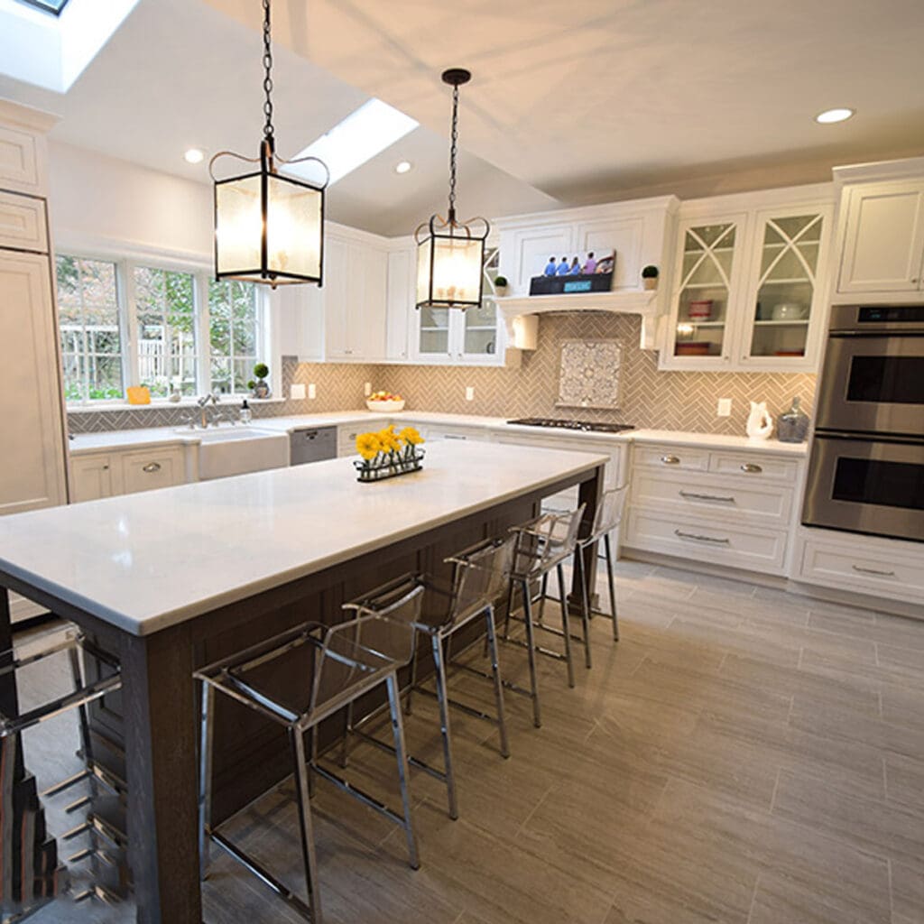 Omega White INset Cabinets Grey Kitchen