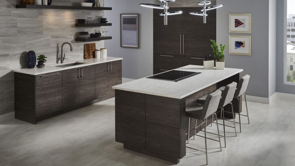 LX Hausys Viatera White Dark Wood Kitchen HOR